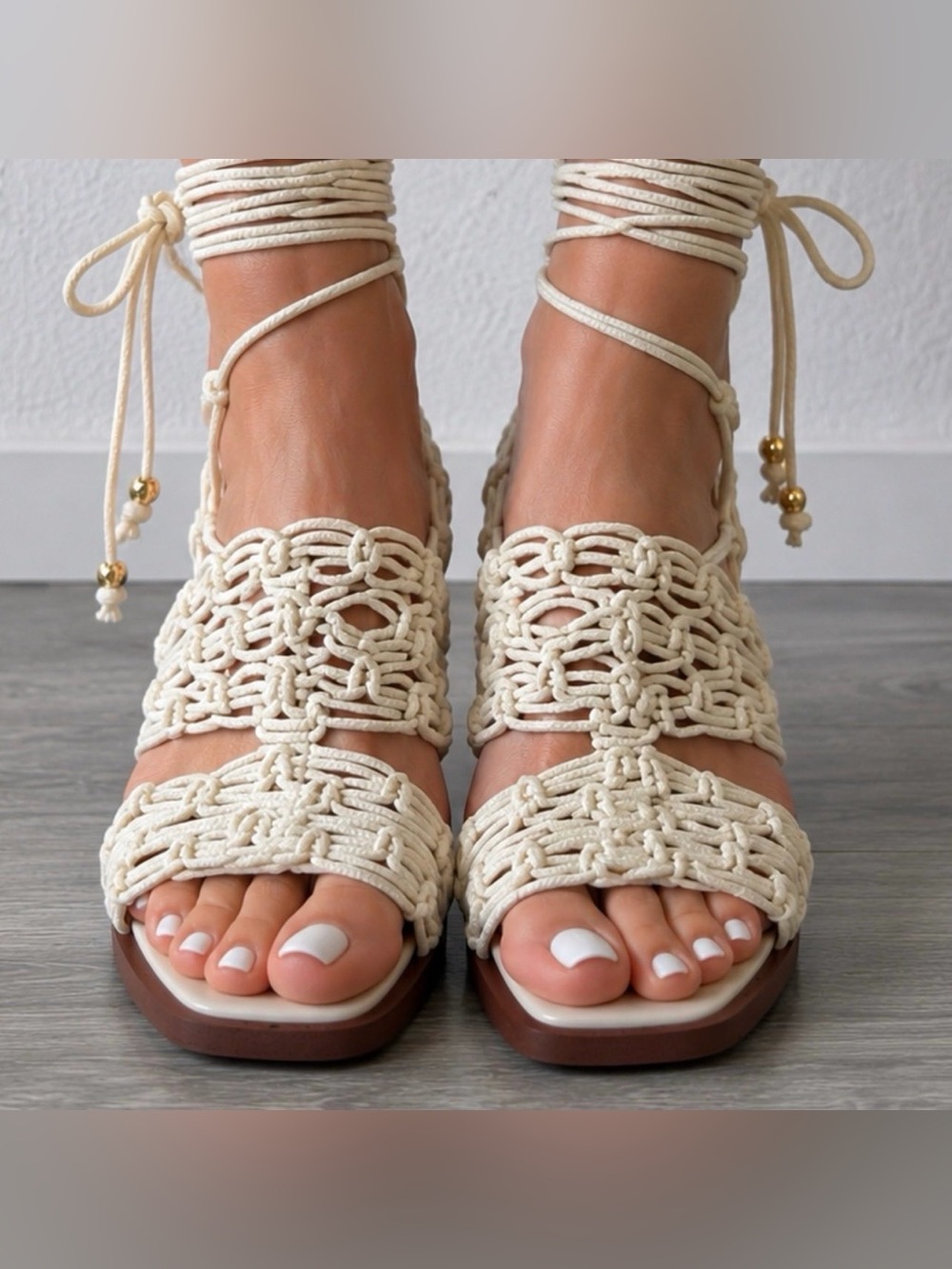 Sam Edelman Ivory Macramé Lace-Up Heeled Sandals